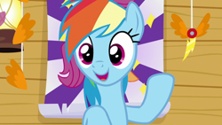 Size: 1280x720 | Tagged: safe, derpibooru import, screencap, rainbow dash, pegasus, pony, the washouts (episode), clubhouse, crusaders clubhouse, female, mare, open mouth, solo