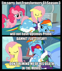 Size: 895x1024 | Tagged: safe, derpibooru import, edit, edited screencap, screencap, fluttershy, pinkie pie, rainbow dash, earth pony, pegasus, pony, tanks for the memories, bad news fluttershy, caption, clothes, comic, dashie slippers, death, optimus prime, tank slippers, transformers