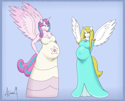 Size: 3633x2932 | Tagged: safe, artist:biaspace13, princess flurry heart, oc, alicorn, anthro, adult, alicorn oc, anthro oc, belly, big belly, blushing, clothes, cosplay, costume, dress, duo, female, mama flurry, mare, mother and child, mother and daughter, multiple pregnancy, offspring, offspring's offspring, older, older flurry heart, parent and child, parent:oc:shimmering glow, parent:princess flurry heart, parents:canon x oc, pregnant, rosalina, rose quartz (steven universe), signature, steven universe, super mario bros.