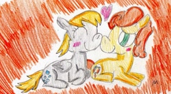 Size: 855x473 | Tagged: safe, artist:ptitemouette, carrot top, derpy hooves, golden harvest, pony, derpytop, female, heart, lesbian, shipping, traditional art