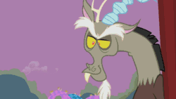 Size: 1280x720 | Tagged: safe, screencap, applejack, discord, draconequus, earth pony, pony, the return of harmony, animated, chaos, checker pattern, discorded landscape, element of honesty, female, floating island, floppy ears, glare, grabbing, grin, gritted teeth, levitation, magic, male, mare, ponyville, pulling, purple sky, smiling, taunt, telekinesis, throne, wide eyes