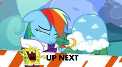 Size: 1077x592 | Tagged: safe, derpibooru import, edit, screencap, rainbow dash, tank, pegasus, pony, tanks for the memories, clothes, crying, dashie slippers, exploitable meme, hug, inappropriate timing spongebob banner, laughing, meme, nickelodeon, obligatory pony, spongebob squarepants