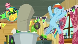 Size: 1920x1080 | Tagged: safe, derpibooru import, screencap, rainbow dash, pegasus, pony, the washouts (episode), female, flying, happy, mare, merchandise, poster, solo, the washouts, trash can