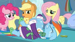 Size: 1920x1080 | Tagged: safe, derpibooru import, screencap, applejack, fluttershy, pinkie pie, rainbow dash, tank, earth pony, pegasus, pony, tanks for the memories, bathrobe, clothes, crying, dashie slippers, tank slippers