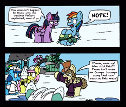 Size: 2480x2117 | Tagged: safe, artist:bobthedalek, derpibooru import, rainbow dash, tank, twilight sparkle, twilight sparkle (alicorn), oc, alicorn, pegasus, pony, tortoise, tanks for the memories, charlie and the chocolate factory, comic, crossover, female, male, mare, nope, stallion, unnamed oc, weather factory, weather factory uniform, willy wonka