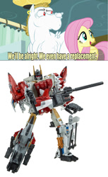 Size: 640x1047 | Tagged: safe, bulk biceps, fluttershy, pegasus, pony, rainbow falls, aerialbots, air raid, alpha bravo, blonde, blonde mane, blonde tail, blue eyes, combiner wars, curtain, ear piercing, exploitable meme, female, fireflight, gestalt, looking to side, looking to the right, male, mare, meme, open mouth, piercing, pink mane, pink tail, red eyes, replacement meme, silverbolt, skydive, smiling, spread wings, stallion, superion, text, toy, transformers, white coat, wings, yellow coat