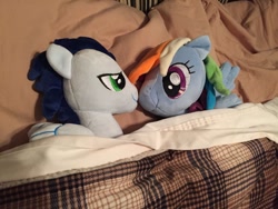 Size: 1024x768 | Tagged: artist needed, safe, derpibooru import, rainbow dash, soarin', bed, female, irl, male, photo, plushie, shipping, soarindash, straight