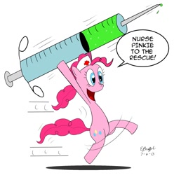 Size: 900x906 | Tagged: dead source, safe, artist:cartoon-eric, pinkie pie, earth pony, pony, bipedal, giant syringe, nurse, running, solo, syringe