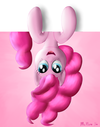 Size: 2384x3026 | Tagged: safe, artist:mcnum, pinkie pie, earth pony, pony, female, mare, pink coat, pink mane, solo, upside down