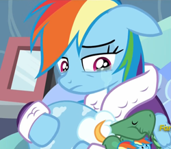 Size: 1245x1079 | Tagged: safe, derpibooru import, screencap, rainbow dash, pegasus, pony, tanks for the memories, bathrobe, clothes, crying, cute, dashabetes, dashie slippers, female, floppy ears, hnnng, mare, sad, solo