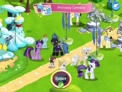 Size: 1024x768 | Tagged: safe, screencap, flam, flim, mayor mare, pipsqueak, prince blueblood, princess celestia, rarity, rumble, snips, twilight sparkle, alicorn, pegasus, pony, unicorn, colt, gameloft, male, statue