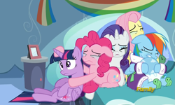 Size: 1681x1009 | Tagged: safe, derpibooru import, screencap, fluttershy, pinkie pie, rainbow dash, rarity, tank, twilight sparkle, twilight sparkle (alicorn), alicorn, earth pony, pegasus, pony, unicorn, tanks for the memories, bathrobe, clothes, cry pile, crying, dashie slippers, female, mare, reaction image, sad, tank slippers