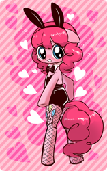 Size: 1000x1591 | Tagged: safe, artist:momo, pinkie pie, earth pony, pony, semi-anthro, adorasexy, alternate hairstyle, askharajukupinkiepie, bipedal, blushing, bunny suit, clothes, cute, diapinkes, fishnet stockings, floppy ears, heart, looking at you, looking back, looking back at you, sexy, solo