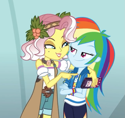 Size: 737x692 | Tagged: safe, derpibooru import, screencap, rainbow dash, vignette valencia, better together, equestria girls, rollercoaster of friendship, bedroom eyes, cellphone, clothes, cropped, crossed arms, geode of super speed, hoodie, lipstick, magical geodes, pants, phone, smartphone, smiling, smirk