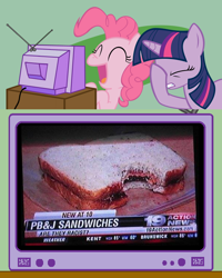 Size: 600x750 | Tagged: safe, derpibooru import, pinkie pie, twilight sparkle, earth pony, pony, cleveland, exploitable meme, facehoof, laughing, meme, mixed reactions, news, obligatory pony, ohio, peanut butter and jelly, political correctness, political correctness gone mad, sandwich, tv meme