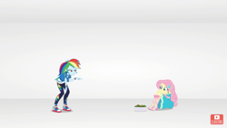 Size: 1280x720 | Tagged: safe, derpibooru import, screencap, fluttershy, rainbow dash, better together, equestria girls, rollercoaster of friendship, bowl, converse, room, shoes, youtube link, youtube watermark