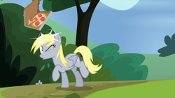 Size: 1920x1080 | Tagged: safe, screencap, derpy hooves, pegasus, pony, rock solid friendship, alternative cutie mark placement, animation error, duckface, female, food, inner thigh cutie mark, mare, pizza, pizza box, solo, tomato