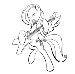 Size: 851x838 | Tagged: safe, artist:rubrony, fluttershy, pegasus, pony, bipedal, guitar, monochrome, musical instrument, solo