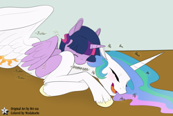 Size: 4500x3000 | Tagged: safe, artist:bri-sta, artist:wodahseht, princess celestia, twilight sparkle, twilight sparkle (alicorn), alicorn, pony, blushing, cuddling, cute, cutelestia, eyes closed, female, fluffy, hug, laughing, lesbian, mare, missing accessory, onomatopoeia, open mouth, prone, raspberry, raspberry noise, shipping, smiling, snuggling, spread wings, tickling, twiabetes, twilestia, unshorn fetlocks