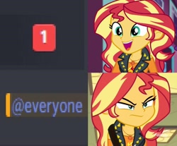 Size: 666x551 | Tagged: safe, edit, screencap, sunset shimmer, better together, equestria girls, forgotten friendship, spoiler:eqg specials, @everyone, angry, disappointed, discord (program), excited, exploitable meme, meme, smiling, solo