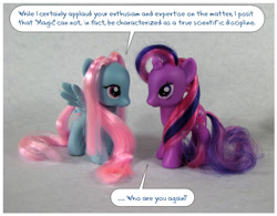 Size: 1000x781 | Tagged: safe, artist:kaikaku, derpibooru import, twilight sparkle, wind whistler, g1, brushable, custom, dialogue, irl, photo, text, toy