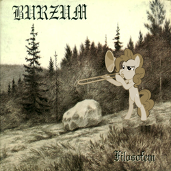 Size: 1000x1000 | Tagged: safe, edit, pinkie pie, earth pony, pony, album cover, burzum, cover, parody, trombone