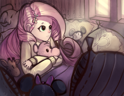 Size: 1527x1184 | Tagged: safe, artist:yunni-yunni, fluttershy, human, humanized, plushie, solo, window