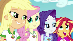 Size: 1280x720 | Tagged: safe, screencap, applejack, fluttershy, rarity, sunset shimmer, equestria girls, legend of everfree, applejack's hat, camp everfree logo, camp everfree outfits, cowboy hat, cute, freckles, group photo, hat, jackabetes, raribetes, shimmerbetes, shyabetes, smiling, stetson