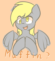 Size: 388x429 | Tagged: safe, artist:puetsua, derpy hooves, pegasus, pony, bust, colored sketch, female, mare, orange background, simple background, smiling, solo