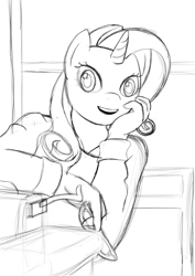 Size: 1096x1550 | Tagged: safe, artist:alixnight, rarity, anthro, unicorn, rarity investigates, clothes, cosplay, costume, crossover, glasses, grayscale, jessica fletcher, monochrome, murder she wrote, seductive, sketch, typewriter