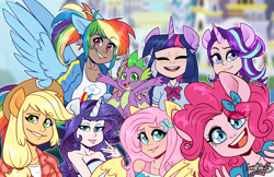 Size: 2859x1850 | Tagged: safe, artist:annakitsun3, applejack, fluttershy, pinkie pie, rainbow dash, rarity, spike, starlight glimmer, twilight sparkle, twilight sparkle (alicorn), alicorn, dragon, human, better together, equestria girls, armpits, canterlot, clothes, eared humanization, female, horned humanization, humanized, kotobukiya, mane seven, mane six, smiling, winged humanization, winged spike, wings