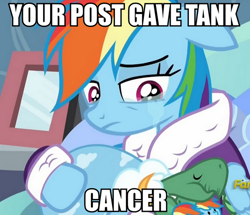 Size: 574x494 | Tagged: safe, derpibooru import, edit, edited screencap, screencap, rainbow dash, tank, pegasus, pony, tanks for the memories, clothes, crying, dashie slippers, image macro, meme, reaction image, that post gave me cancer