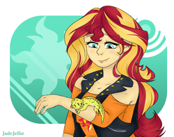 Size: 1900x1500 | Tagged: safe, artist:jadejellie, ray, sunset shimmer, gecko, better together, eqg summertime shorts, equestria girls, clothes, pet