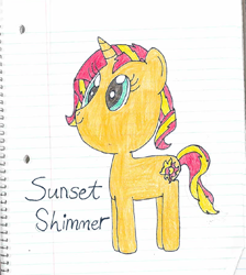 Size: 690x769 | Tagged: safe, artist:nightshadowmlp, sunset shimmer, pony, unicorn, female, lined paper, mare, notebook, simple background, solo, text, traditional art, white background