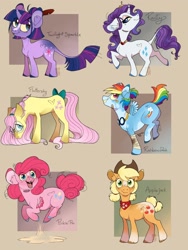 Size: 1536x2048 | Tagged: safe, artist:catlovergirl, artist:rubenite, derpibooru import, applejack, fluttershy, pinkie pie, rainbow dash, rarity, twilight sparkle, classical unicorn, pegasus, pony, unicorn, bandage, bandana, bow, cloven hooves, colored hooves, cowboy hat, ear fluff, earth pony fluttershy, glasses, goggles, hat, leonine tail, looking at you, mane six, pegasus pinkie pie, race swap, redesign, tail bow, tooth gap, unshorn fetlocks