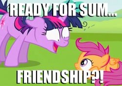 Size: 362x255 | Tagged: safe, derpibooru import, screencap, scootaloo, twilight sparkle, lesson zero, dementia, friendship, image macro, scary, twilight is a foal fiddler, twilight snapple