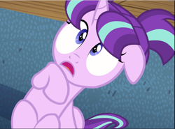 Size: 1275x941 | Tagged: safe, screencap, starlight glimmer, pony, unicorn, the cutie re-mark, cropped, female, filly, filly starlight glimmer, floppy ears, scared, sitting, solo, wide eyes, younger