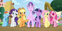 Size: 1222x619 | Tagged: safe, screencap, applejack, fluttershy, pinkie pie, rainbow dash, rarity, starlight glimmer, twilight sparkle, twilight sparkle (alicorn), alicorn, earth pony, pegasus, pony, unicorn, the cutie re-mark, bipedal, cute, eyes closed, female, group, holding hooves, mane six, mare, open mouth, raised hoof, s5 starlight, smiling, underhoof