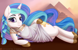 Size: 1024x663 | Tagged: safe, artist:aisuroma, princess celestia, alicorn, pony, alternate hairstyle, bedroom eyes, braid, clothes, dress, egyptian, eyeshadow, jewelry, looking at you, makeup, necklace, on side, shoes, smiling, solo, wide hips