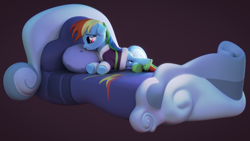 Size: 1920x1080 | Tagged: dead source, safe, artist:creatorofpony, derpibooru import, rainbow dash, pegasus, pony, tanks for the memories, /mlp/, 3d, 3d model, bathrobe, bed, blender, clothes, crying, female, lying down, mare, pillow, rainbow dash always dresses in style, robe, simple background, slippers, solo, tank slippers, that was fast, wallpaper