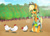 Size: 3300x2400 | Tagged: dead source, safe, artist:yuji8sushi, applejack, chicken, earth pony, pony, semi-anthro, animal, bipedal, clothes, dress, feeding, solo, working