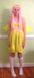 Size: 600x1358 | Tagged: safe, artist:trulyniku, fluttershy, human, clothes, cosplay, feet, irl, irl human, missing shoes, photo, socks