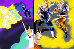 Size: 1095x730 | Tagged: safe, artist:yordisz, nightmare moon, princess celestia, alicorn, pony, dragon ball z, goku, majin, super saiyan 2, vegeta