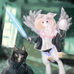 Size: 2048x2048 | Tagged: safe, artist:rupony, derpy hooves, anthro, black underwear, breasts, cleavage, clothes, hoodie, hoof hold, jacket, open fly, panties, pants, sword, underwear, wardrobe malfunction, weapon, wings