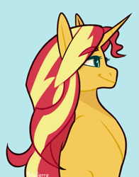 Size: 1493x1900 | Tagged: safe, artist:petalierre, sunset shimmer, pony, unicorn, blue background, female, mare, simple background, smiling, solo