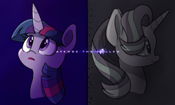 Size: 1500x900 | Tagged: safe, artist:heir-of-rick, starlight glimmer, twilight sparkle, twilight sparkle (alicorn), alicorn, pony, unicorn, avenge the fallen, avengers, avengers: endgame, bust, duo, female, implied death, mare, meme, parody, poster