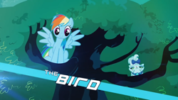 Size: 1280x720 | Tagged: safe, derpibooru import, opalescence, rainbow dash, cat, pegasus, pony, scootertrix the abridged, cute, dashabetes, pet, sitting, smiling, spread wings, the bird (character), tree, wings