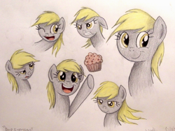 Size: 1440x1080 | Tagged: safe, artist:thefriendlyelephant, derpy hooves, pony, facial expressions, food, muffin, one eye closed, smiling, traditional art, windswept mane, wink