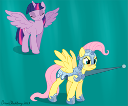 Size: 787x653 | Tagged: safe, artist:brianblackberry, derpibooru import, fluttershy, twilight sparkle, twilight sparkle (alicorn), alicorn, pegasus, pony, armor, crystal guard armor, female, mare