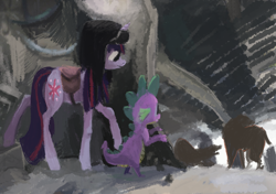 Size: 1200x845 | Tagged: safe, artist:sterfler, derpibooru import, spike, twilight sparkle, dragon, pony, unicorn, female, mare